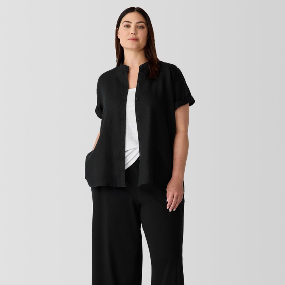 Organic Handkerchief Black Linen Band Collar Short-Sleeve Shirt SP